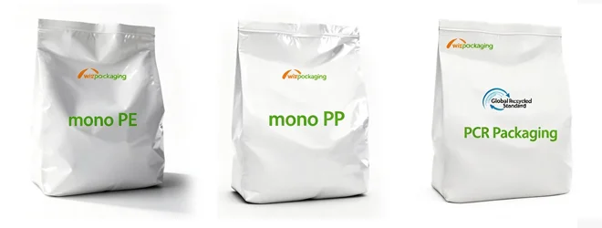 Mono PE, mono PP and PCR recycled plastic stand-up pouches